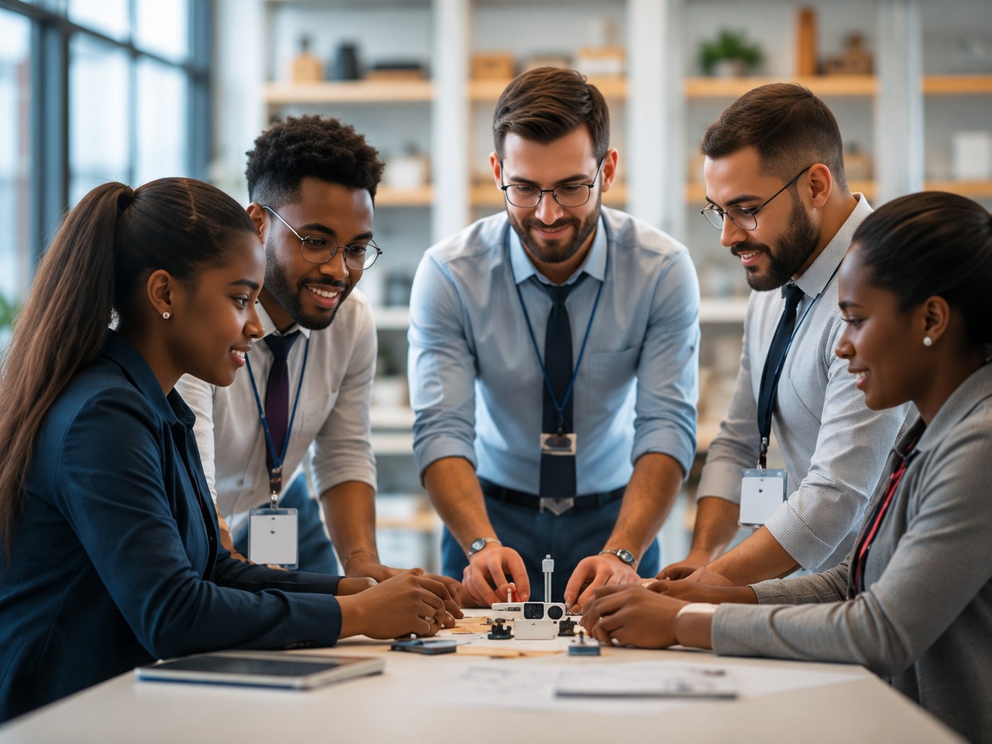 A team of researchers and educators in discussion around a table