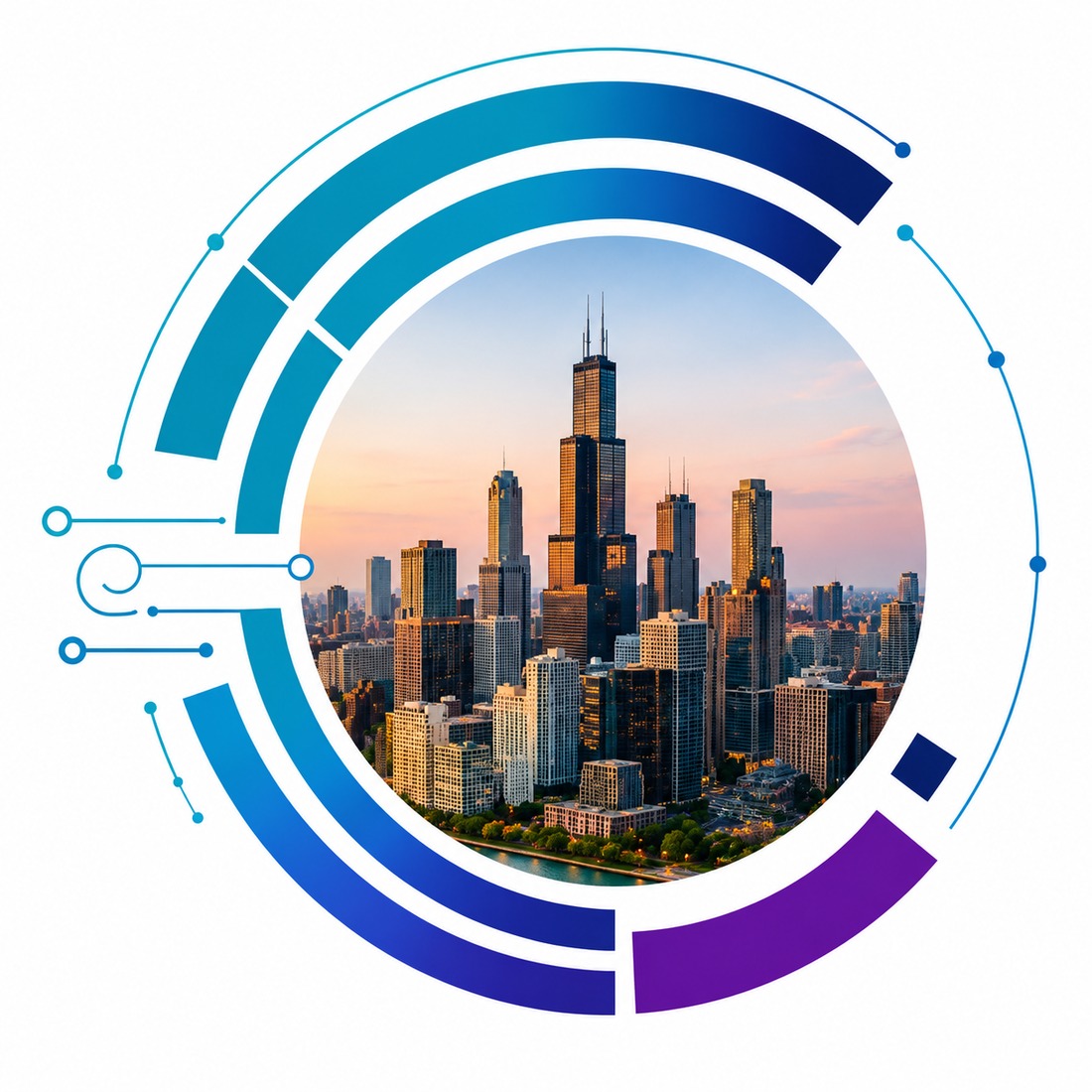 The Chicago skyline framed inside the Chicago STEM Foundation orbit device