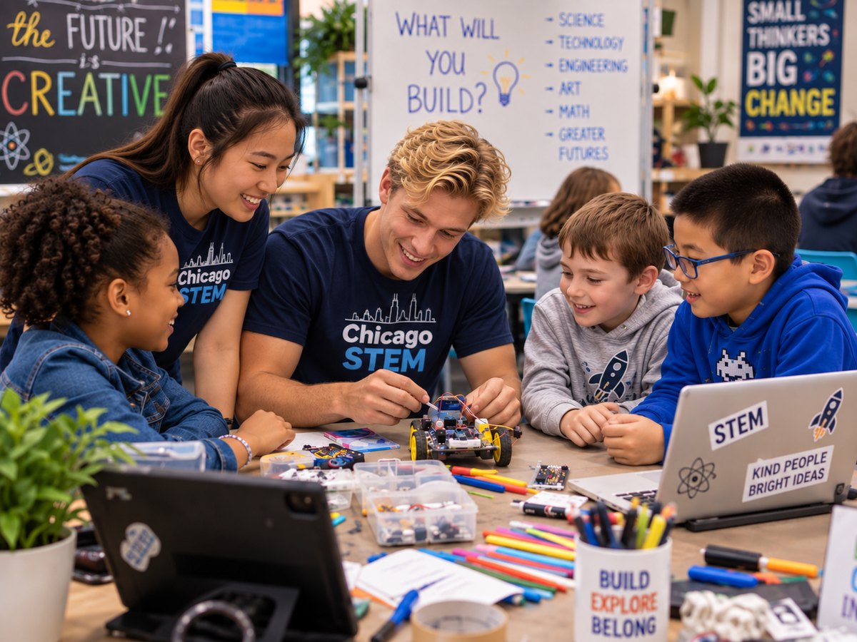 Elementary students assembling a robot