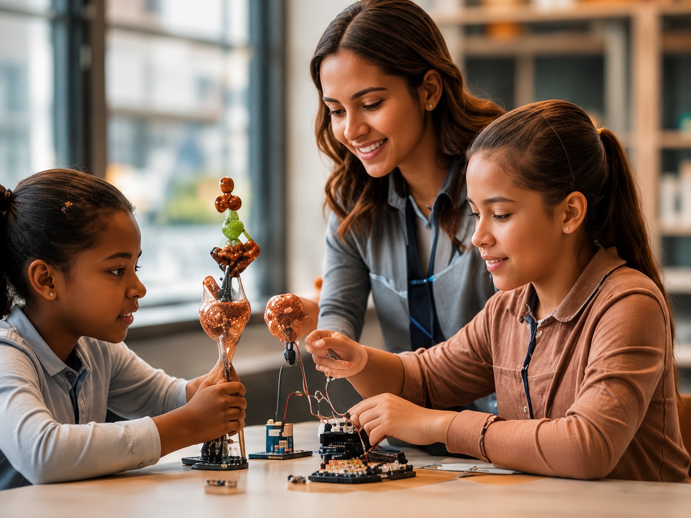 Students and a teacher working on a hands-on science experiment