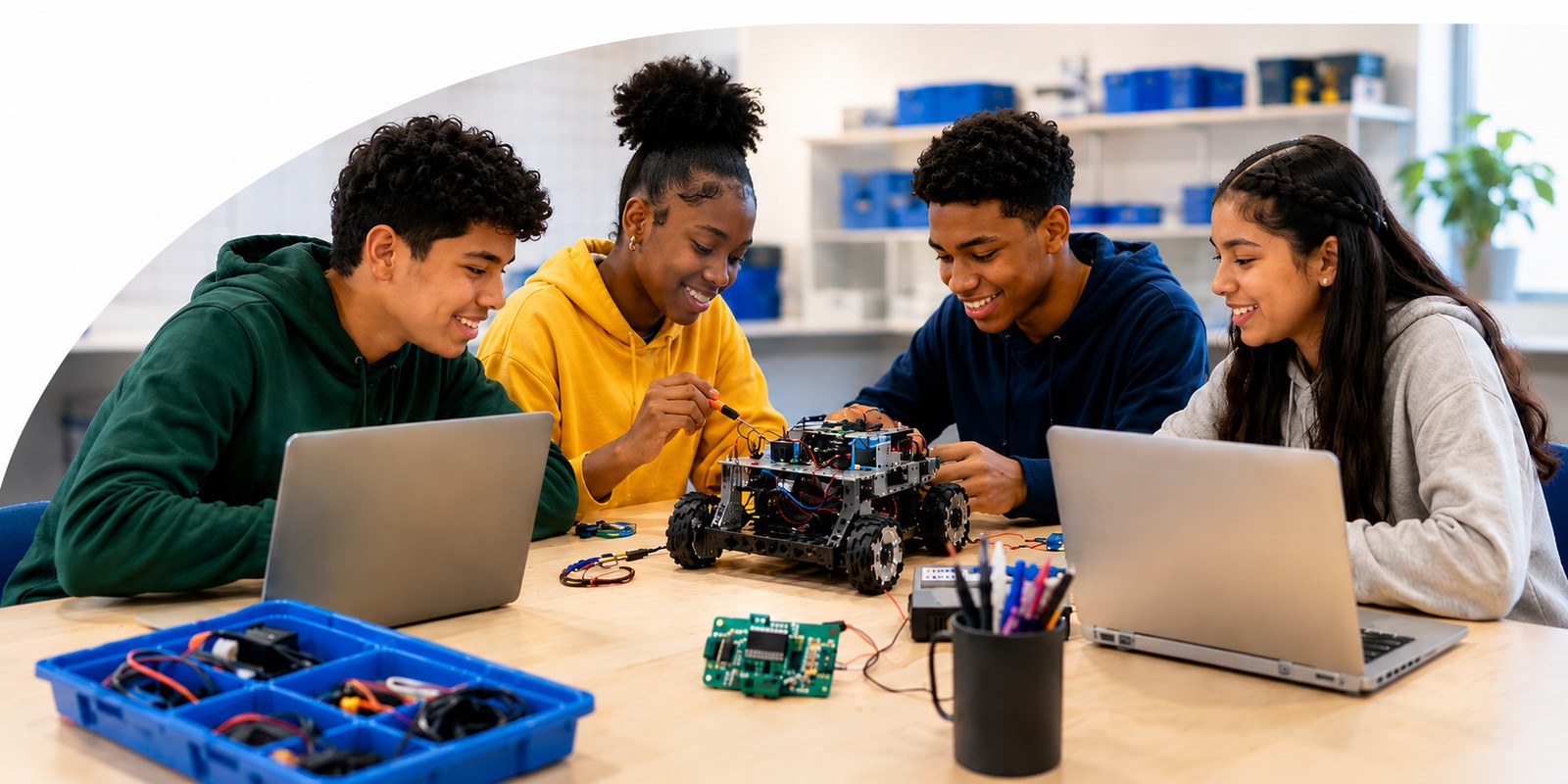 Four students gathered around a wheeled competition robot, one tightening a screw while the others work at laptops
