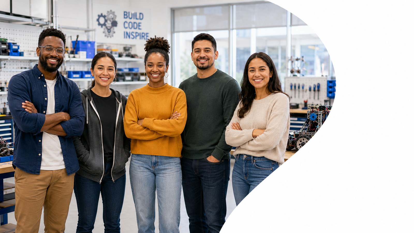 Five adult mentors standing together in a robotics workshop beneath a wall sign reading Build, Code, Inspire