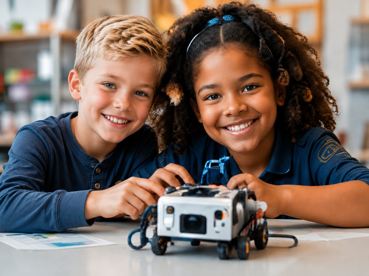 A young student smiling while using a microscope